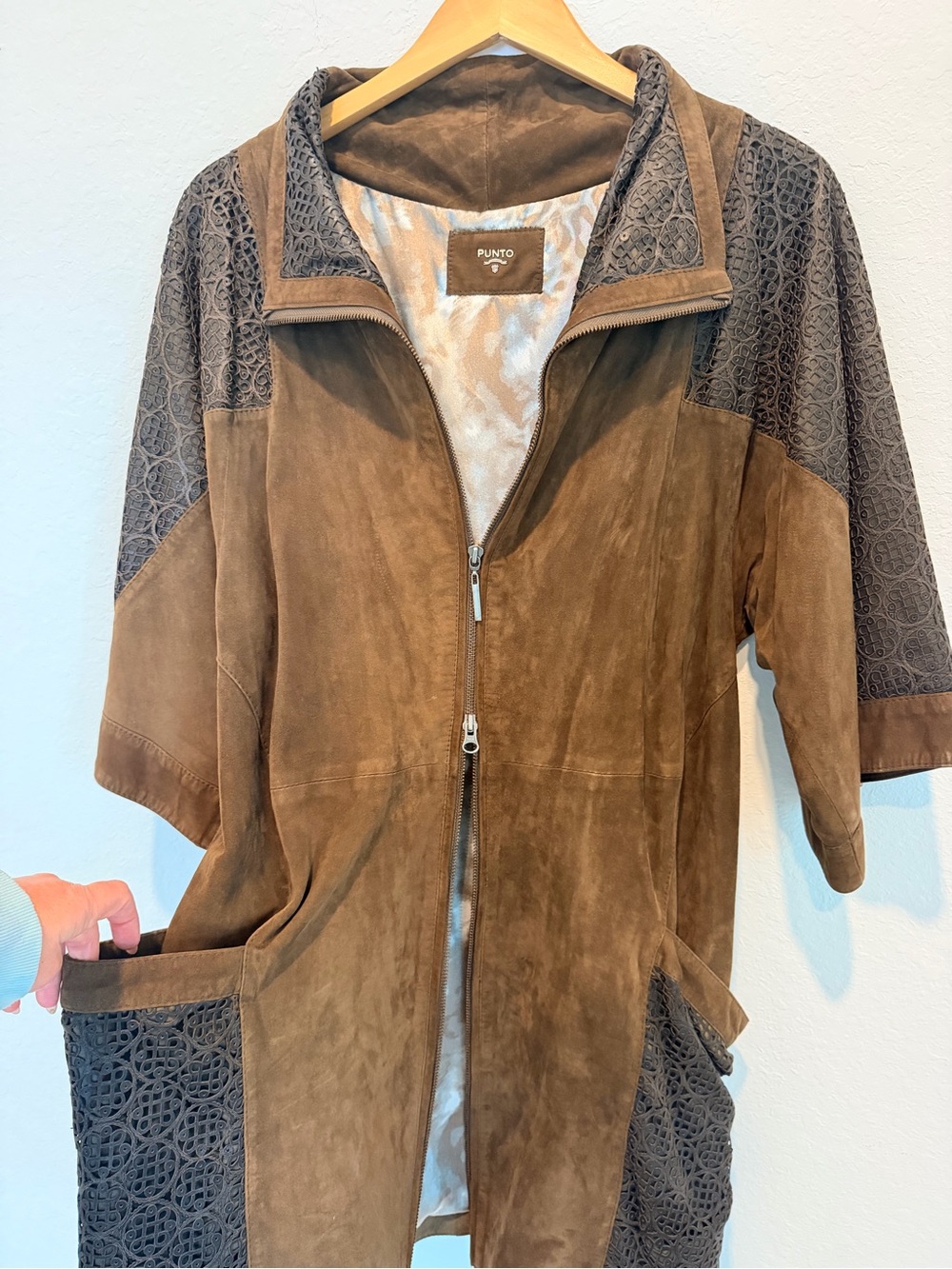 Punto Fashion Brown leather & Dark Brown Lace-Panel Leather Jacket